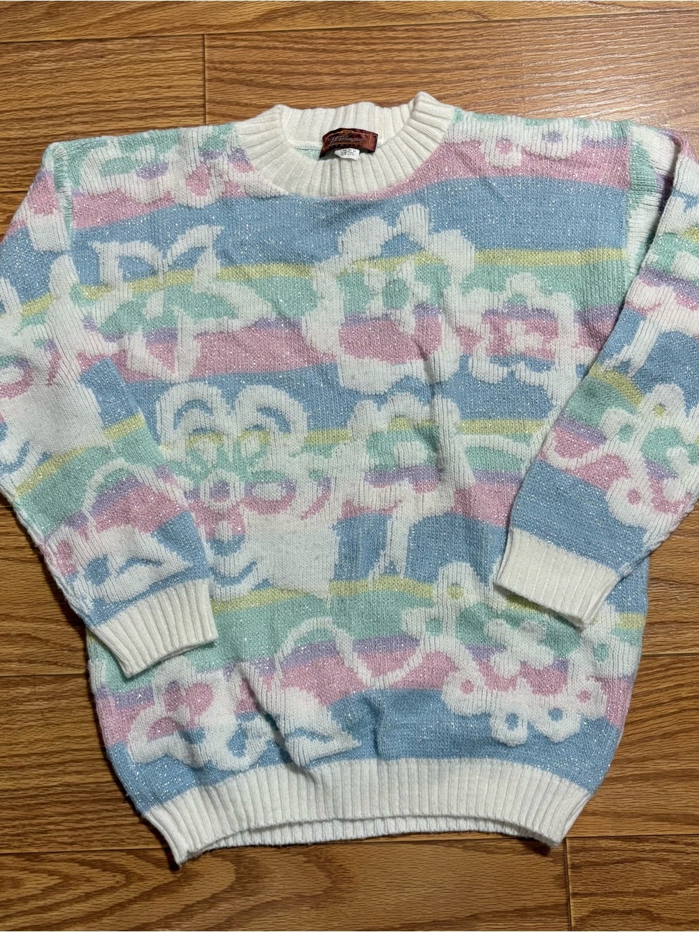 Vintage 1980s Rainbow Sweater Sparkly Flowers Retro 80s Colorful Pastel Magical